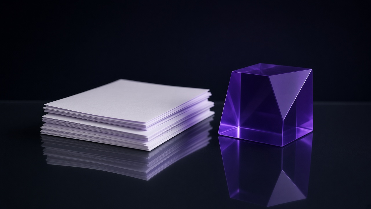 Documents and a violet form reflected in dark glass